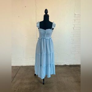 Vici Baby Blue Pocketed Tiered Midi Dress